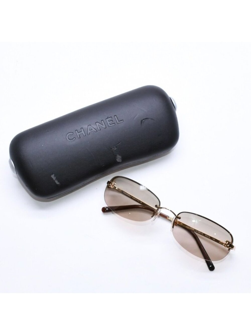 Chanel Rimless Sunglasses Side CC Logo Metal Brown Gold Eyewear